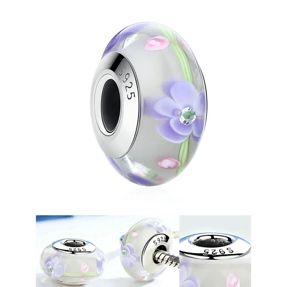 925 Sterling Silver Pink Flower Murano Glass Beads - DIY Bracelet Charms for a Festive Touch (SCZ001) - Bead