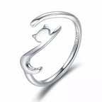 Playful Feline: Adjustable Sterling Silver Cat Ring With Long Tail Rings