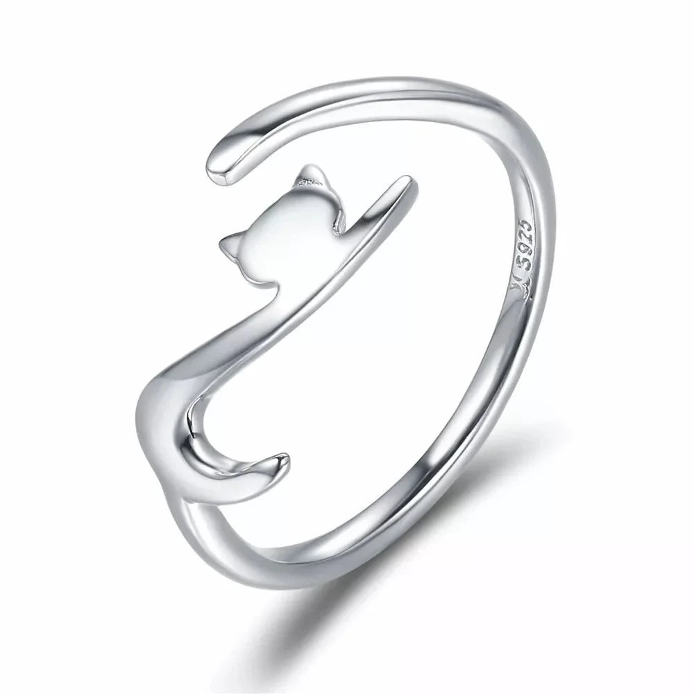 Playful Feline: Adjustable Sterling Silver Cat Ring with Long Tail - Rings