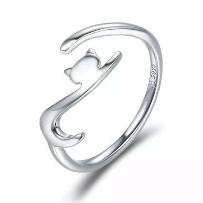 Playful Feline: Adjustable Sterling Silver Cat Ring with Long Tail - Rings