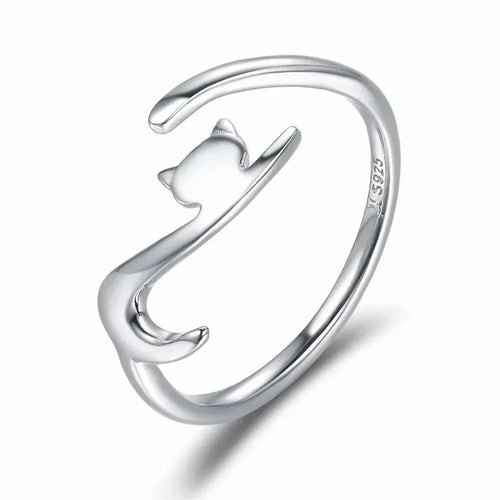 Playful Feline: Adjustable Sterling Silver Cat Ring With Long Tail Rings