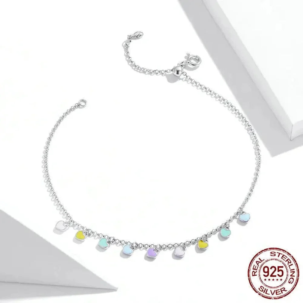 925 Sterling Silver Enamel Heart Pendant Chain Anklet for Women | Summer Foot Bracelet jewellery - Anklets