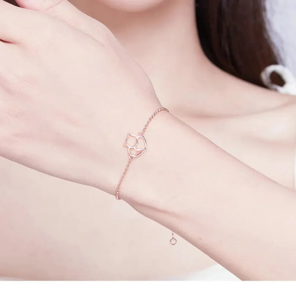 925 Sterling Silver Cat & Heart Link Chain Bracelets | Authentic jewellery Gift in 3 Colors