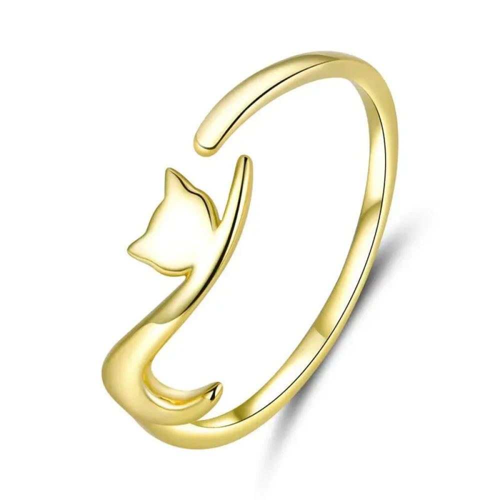 Playful Feline: Adjustable Sterling Silver Cat Ring with Long Tail - Gold - Rings