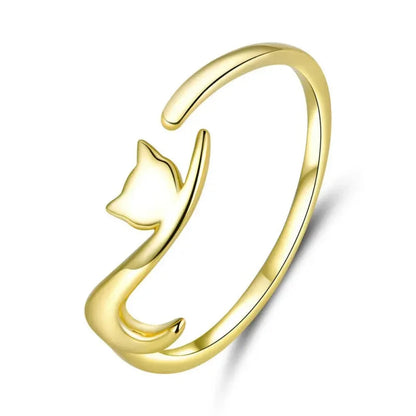 Playful Feline: Adjustable Sterling Silver Cat Ring with Long Tail - Gold - Rings