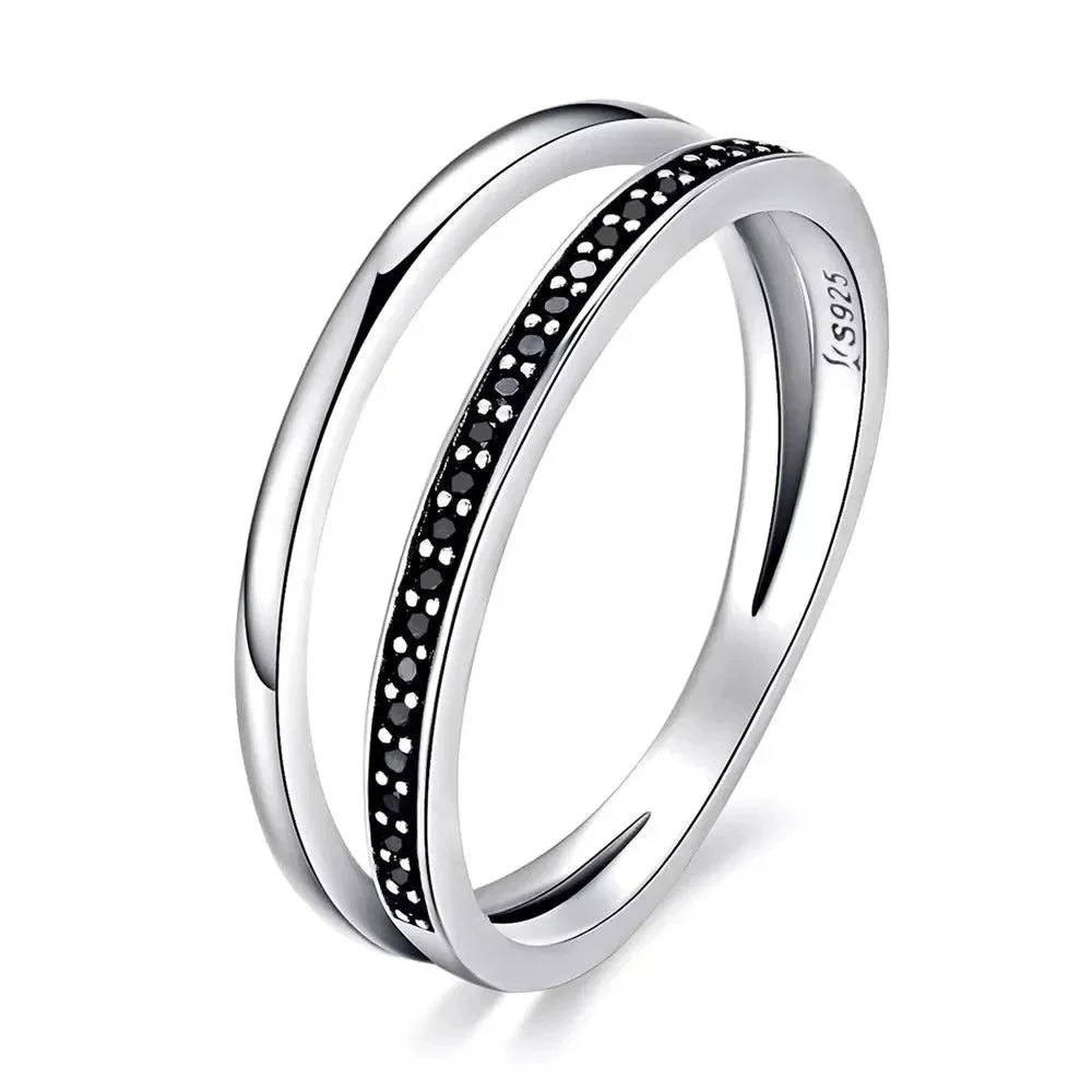 Breathtaking 925 Sterling Silver Double Circle Black Clear CZ Stackable Ring - Rings
