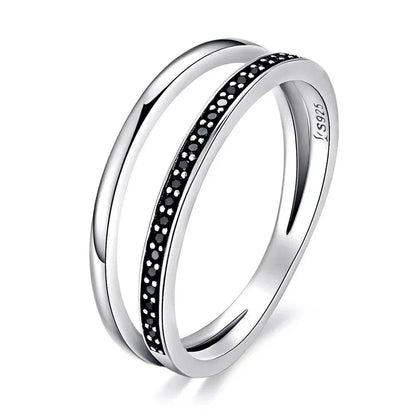 Breathtaking 925 Sterling Silver Double Circle Black Clear CZ Stackable Ring - Rings