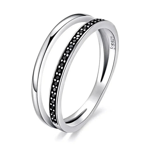 Breathtaking 925 Sterling Silver Double Circle Black Clear Cz Stackable Ring Rings