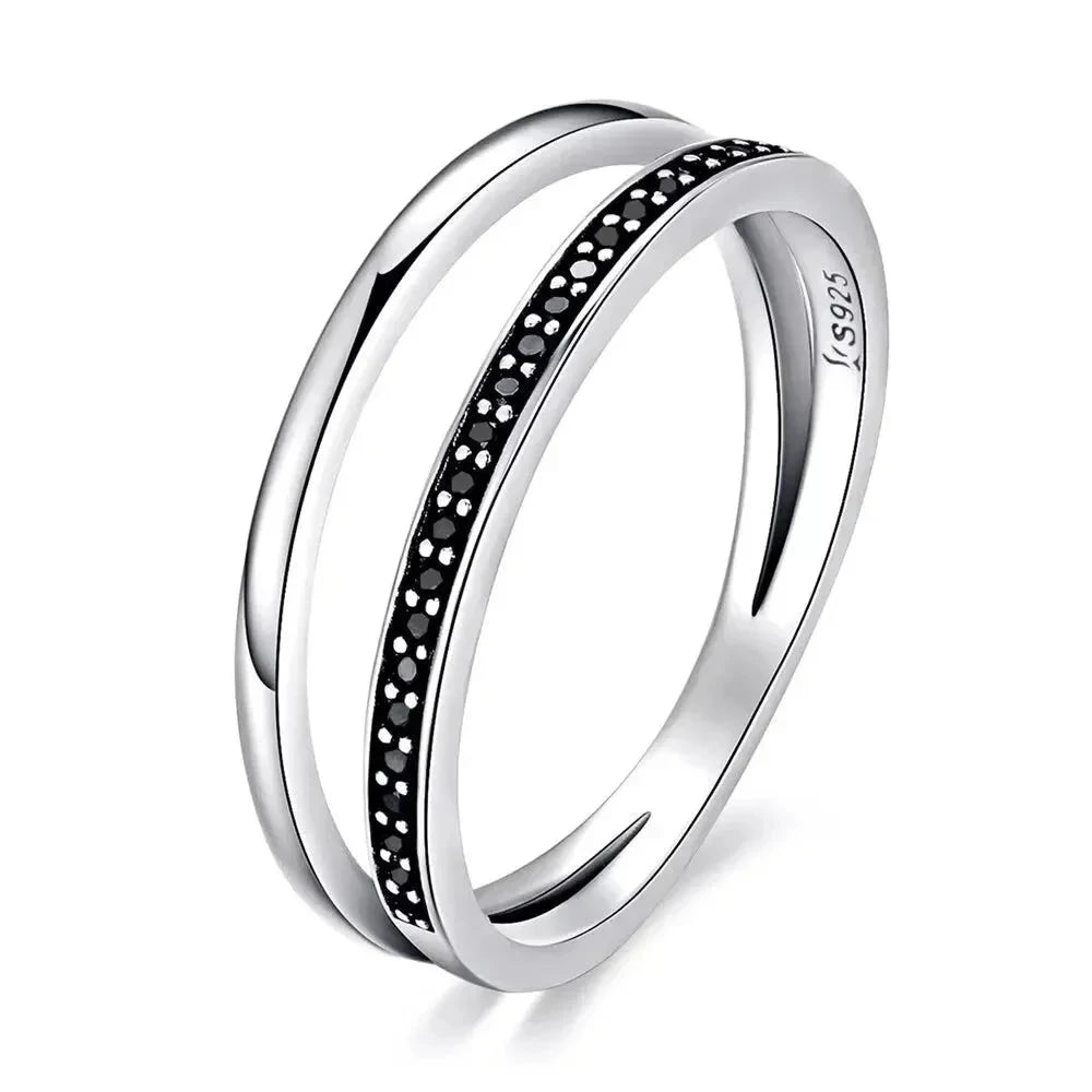 Breathtaking 925 Sterling Silver Double Circle Black Clear CZ Stackable Ring - 6 - Rings
