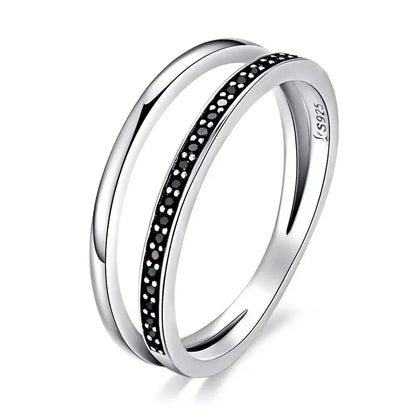 Breathtaking 925 Sterling Silver Double Circle Black Clear CZ Stackable Ring - 6 - Rings