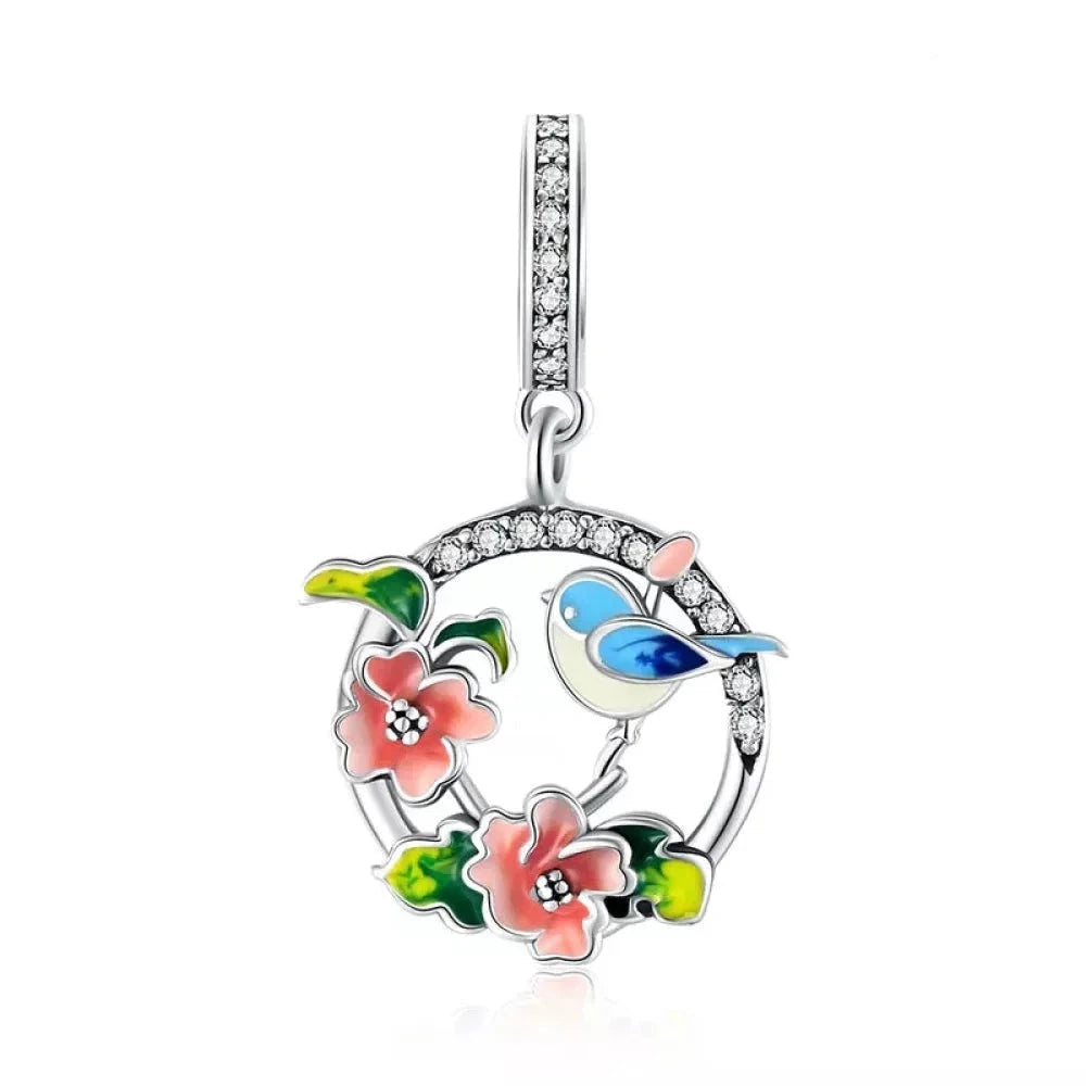 925 Sterling Silver Colorful Birds Flowers Leaves CZ Pendant - jewellery Charm for Bracelets and Necklaces - Charms