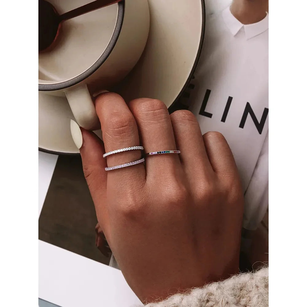 925 Sterling Silver CZ Simulated Diamond Stackable Ring Platinum Plated Eternity Bands for Women - Rings