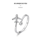 Genuine 925 Sterling Silver Flying Plane Open Adjustable Ring With Clear Cz Fine Jewelry Rings