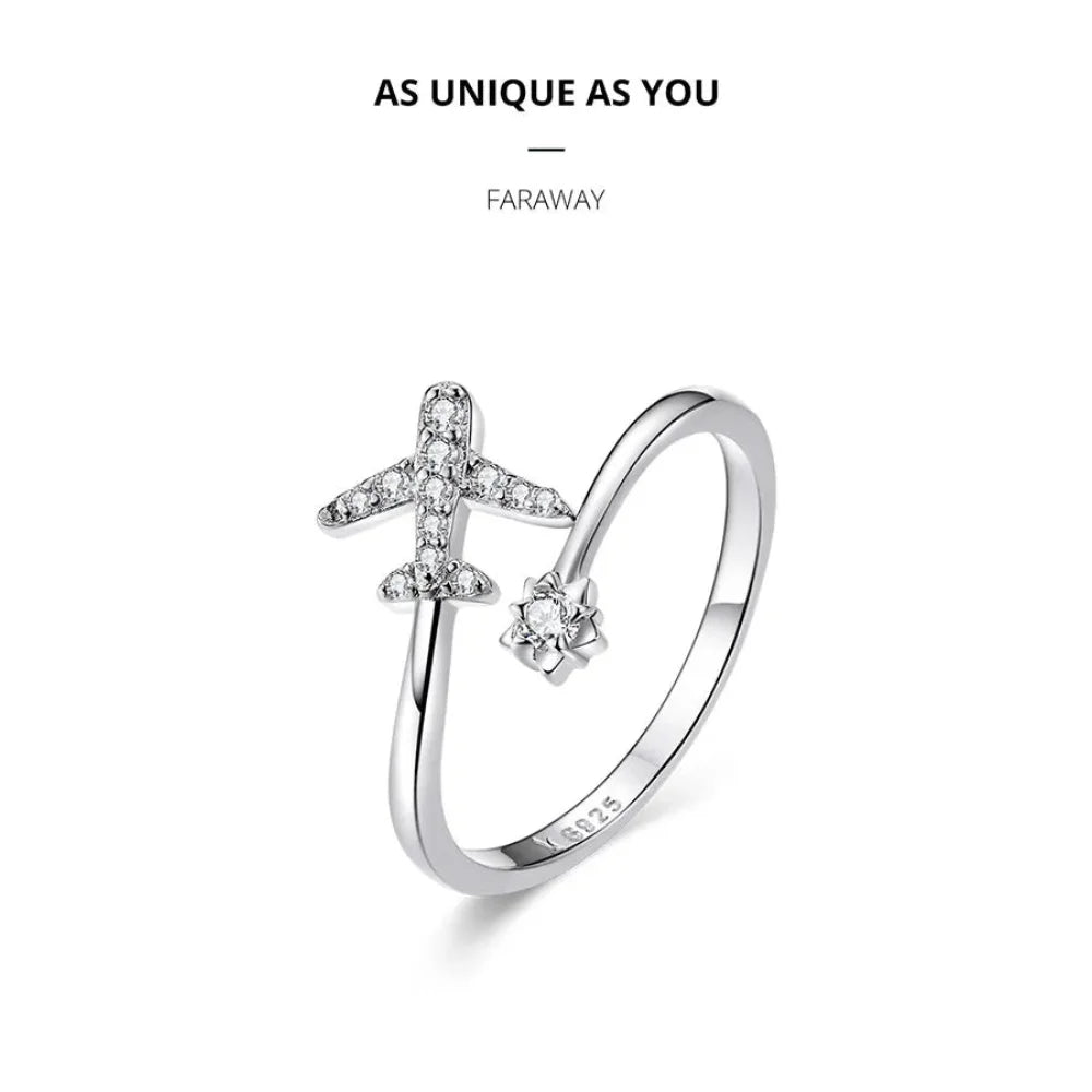 Genuine 925 Sterling Silver Flying Plane Open Adjustable Ring with Clear CZ - Fine jewellery - Rings