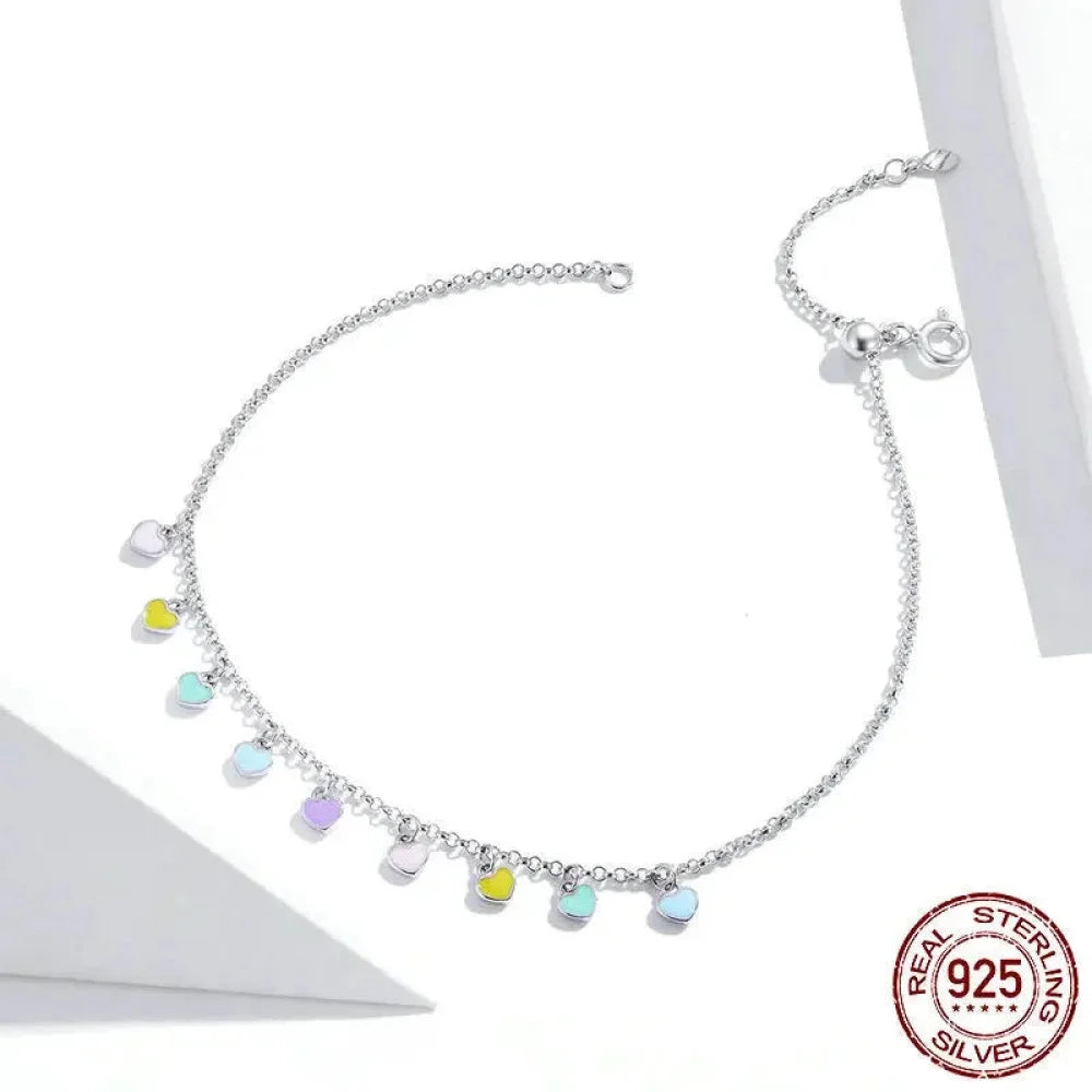 925 Sterling Silver Enamel Heart Pendant Chain Anklet for Women | Summer Foot Bracelet jewellery - Anklets