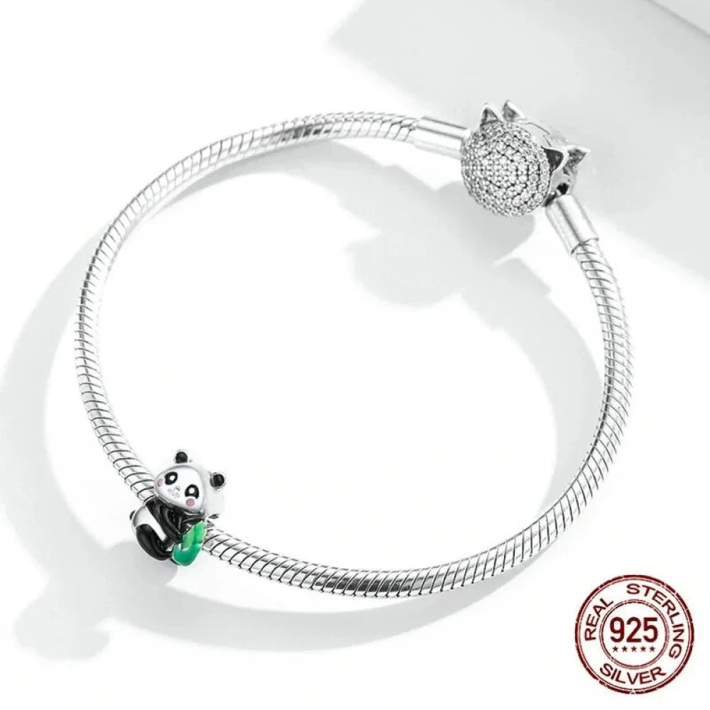 Sterling Silver Panda Charm with Bamboo - Compatible Bracelets - Charms