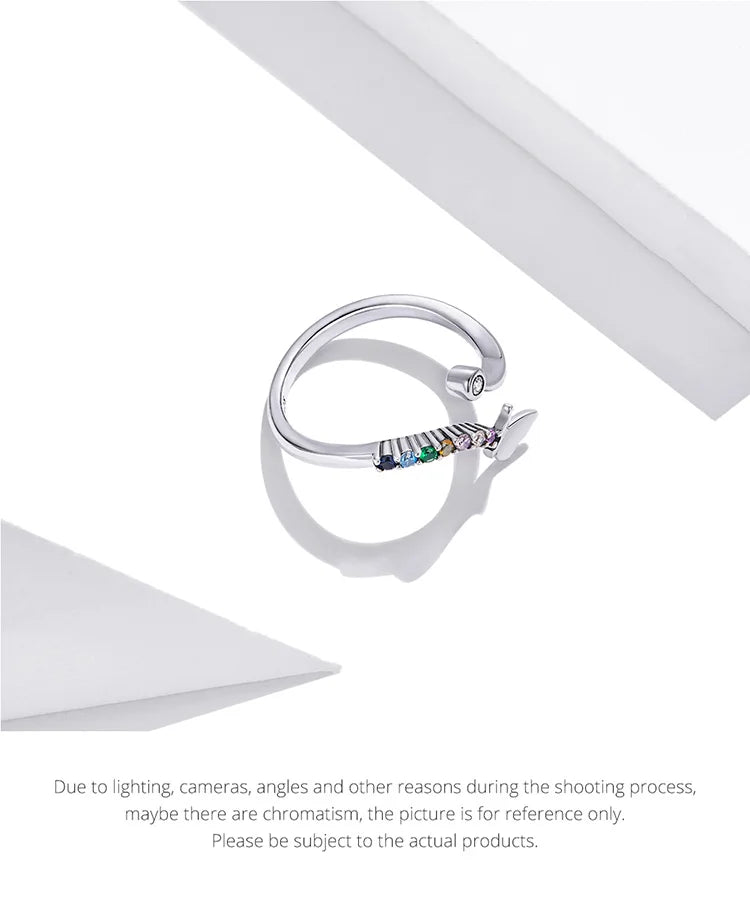 925 Sterling Silver Rainbow Butterfly Ring for Women - Adjustable Open with Colorful Zircon Stones - Rings