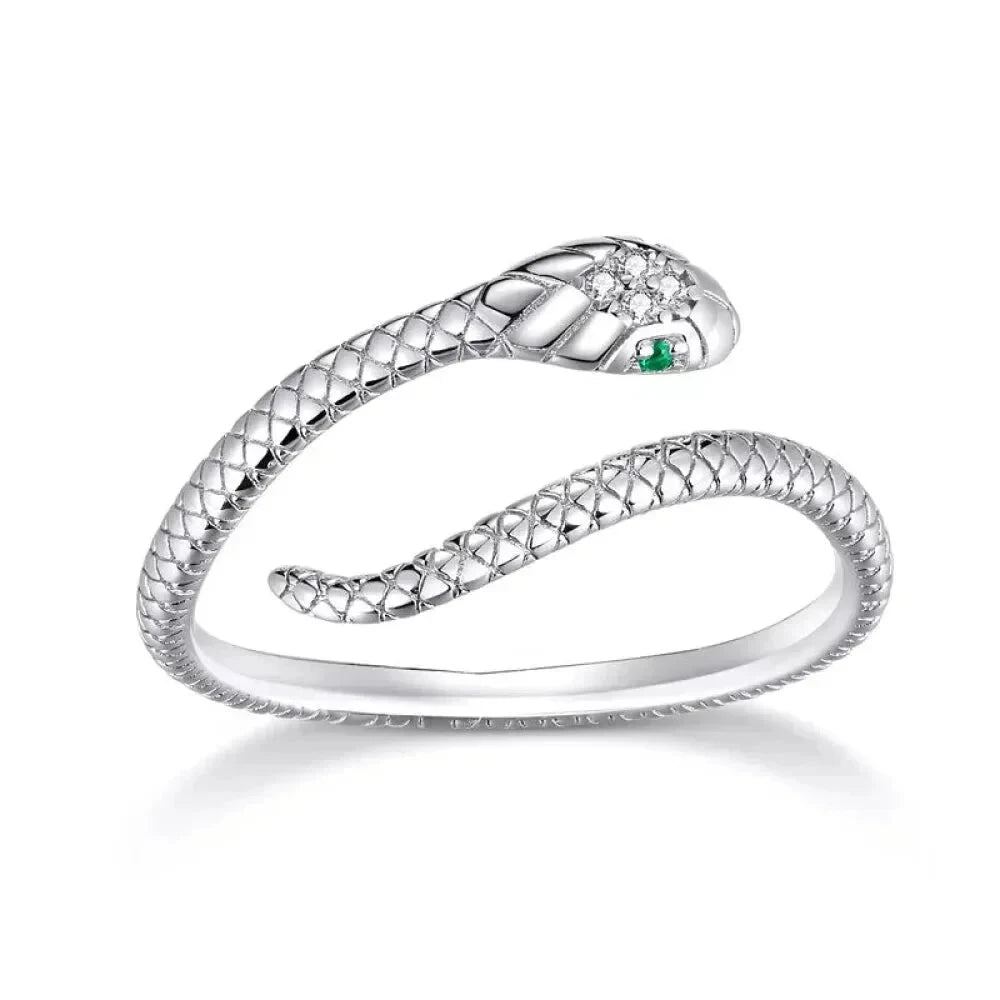 925 Sterling Silver Adjustable Snake Ring with Green Zircon - Fashion jewellery in 4 Colors - Rings