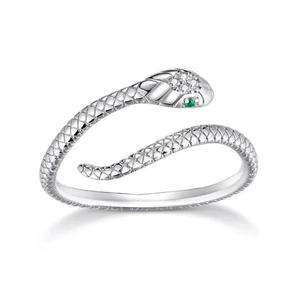 925 Sterling Silver Adjustable Snake Ring with Green Zircon - Fashion jewellery in 4 Colors - Rings