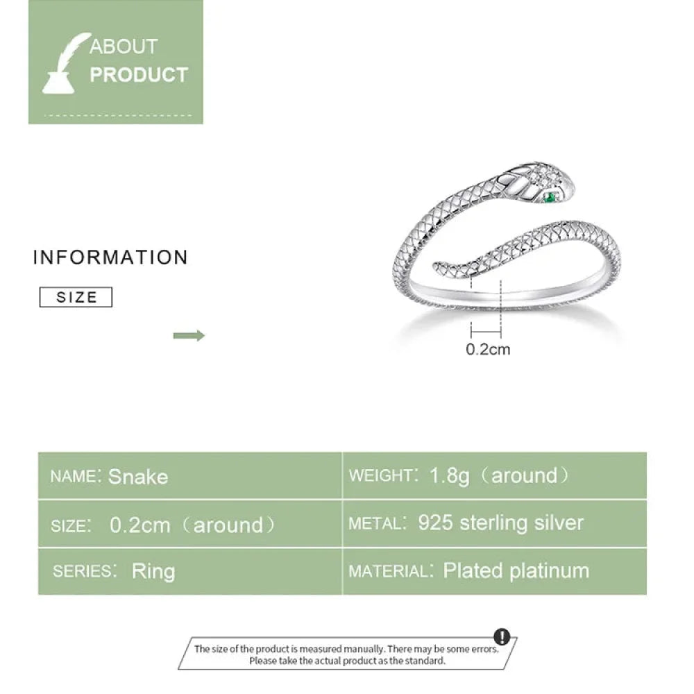 925 Sterling Silver Adjustable Snake Ring with Green Zircon - Fashion jewellery in 4 Colors - Rings