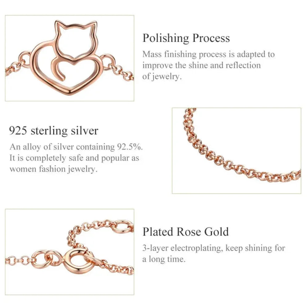 925 Sterling Silver Cat & Heart Link Chain Bracelets | Authentic jewellery Gift in 3 Colors
