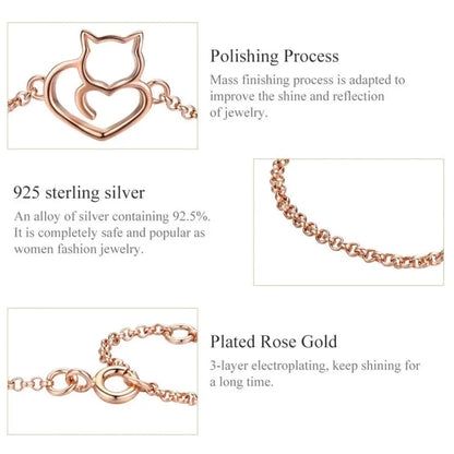 925 Sterling Silver Cat & Heart Link Chain Bracelets | Authentic jewellery Gift in 3 Colors