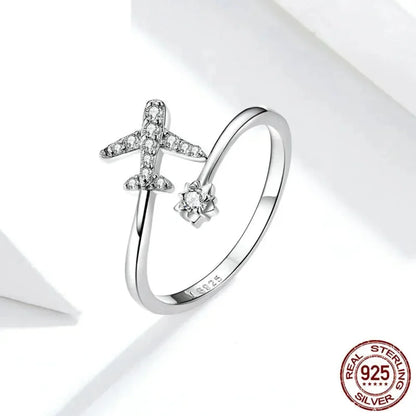 Genuine 925 Sterling Silver Flying Plane Open Adjustable Ring with Clear CZ - Fine jewellery - Rings
