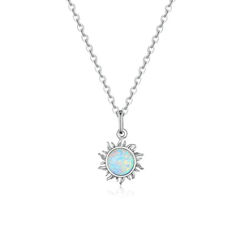 925 Sterling Silver White Opal Sun Pendant Necklace - Apollo Chain for Women - Platinum Plated - Necklaces