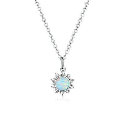 925 Sterling Silver White Opal Sun Pendant Necklace - Apollo Chain for Women - Platinum Plated - Necklaces