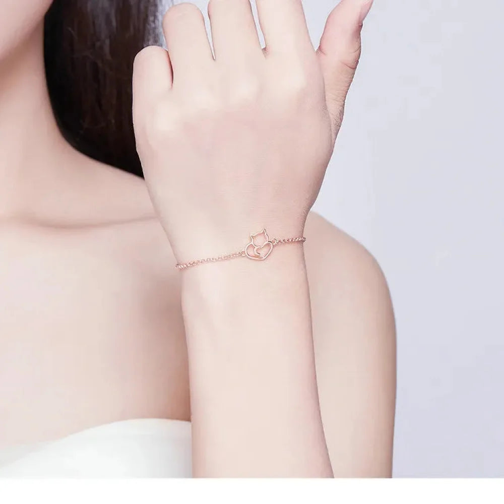 925 Sterling Silver Cat & Heart Link Chain Bracelets | Authentic jewellery Gift in 3 Colors