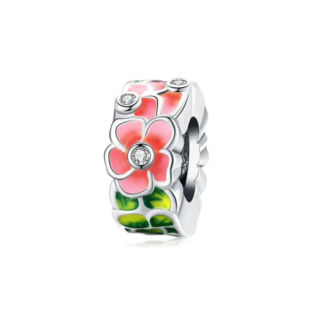 925 Sterling Silver Colorful Birds Flowers Leaves CZ Pendant - jewellery Charm for Bracelets and Necklaces - Scc1727