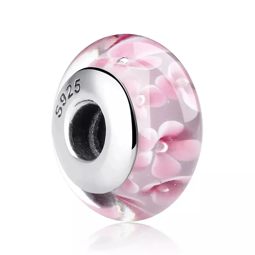 925 Sterling Silver Pink Flower Murano Glass Beads - DIY Bracelet Charms for a Festive Touch (SCZ001) - Scz008 - Bead