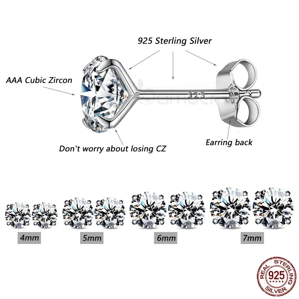 CZ Stud Earrings - 925 Sterling Silver Platinum Plated - Round Cubic Zirconia Hypoallergenic 4mm 5mm 6mm 7mm BSE166