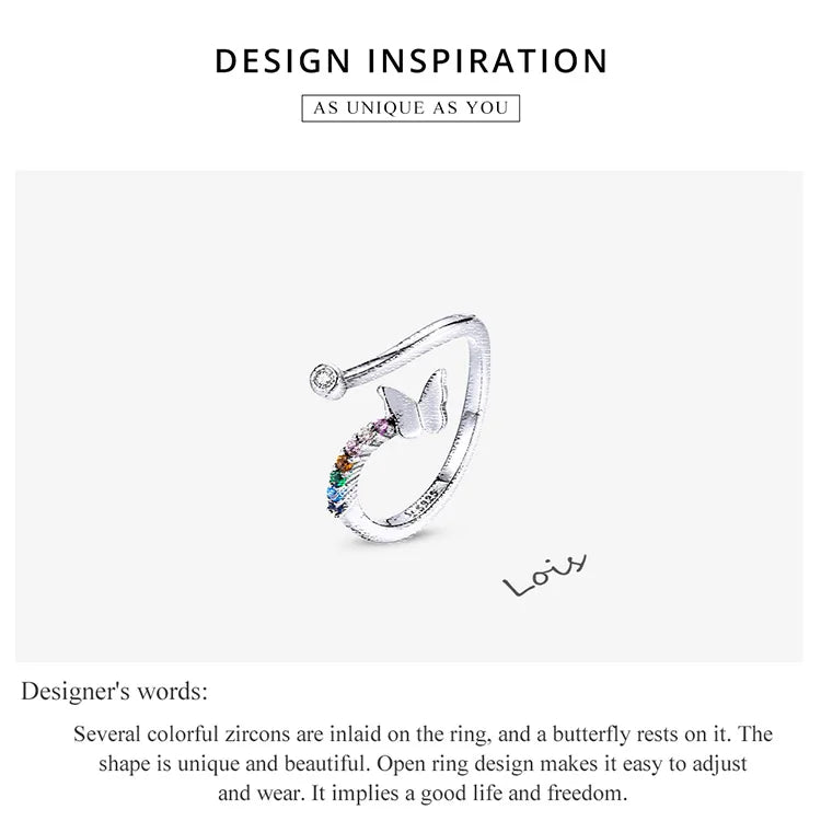 925 Sterling Silver Rainbow Butterfly Ring for Women - Adjustable Open with Colorful Zircon Stones - Rings