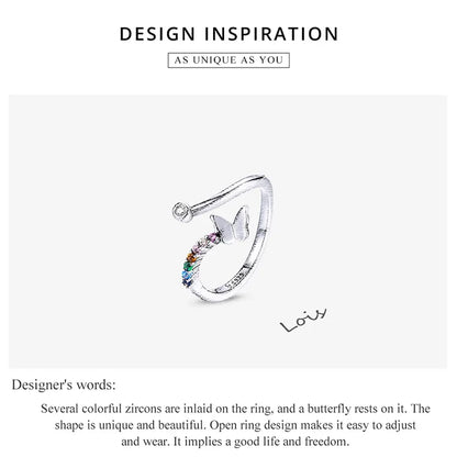925 Sterling Silver Rainbow Butterfly Ring for Women - Adjustable Open with Colorful Zircon Stones - Rings