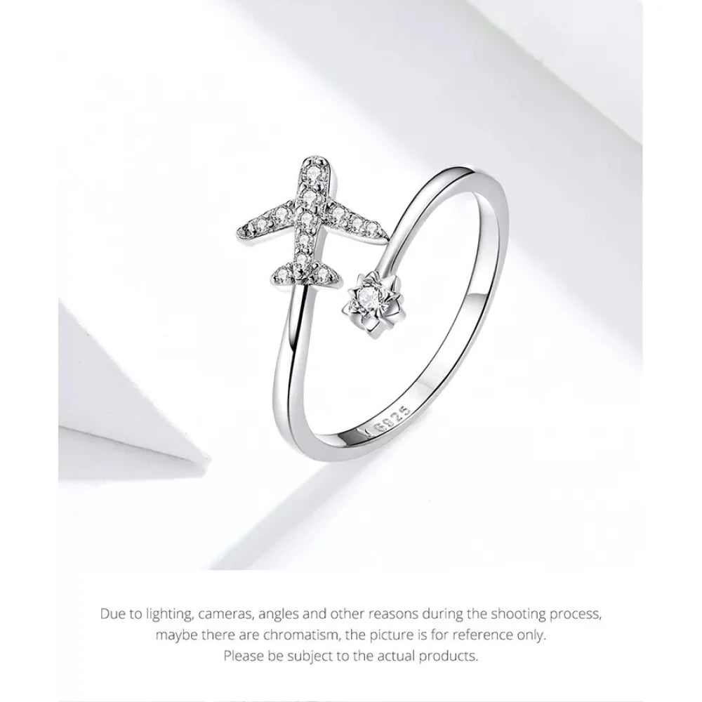 Genuine 925 Sterling Silver Flying Plane Open Adjustable Ring with Clear CZ - Fine jewellery - Rings