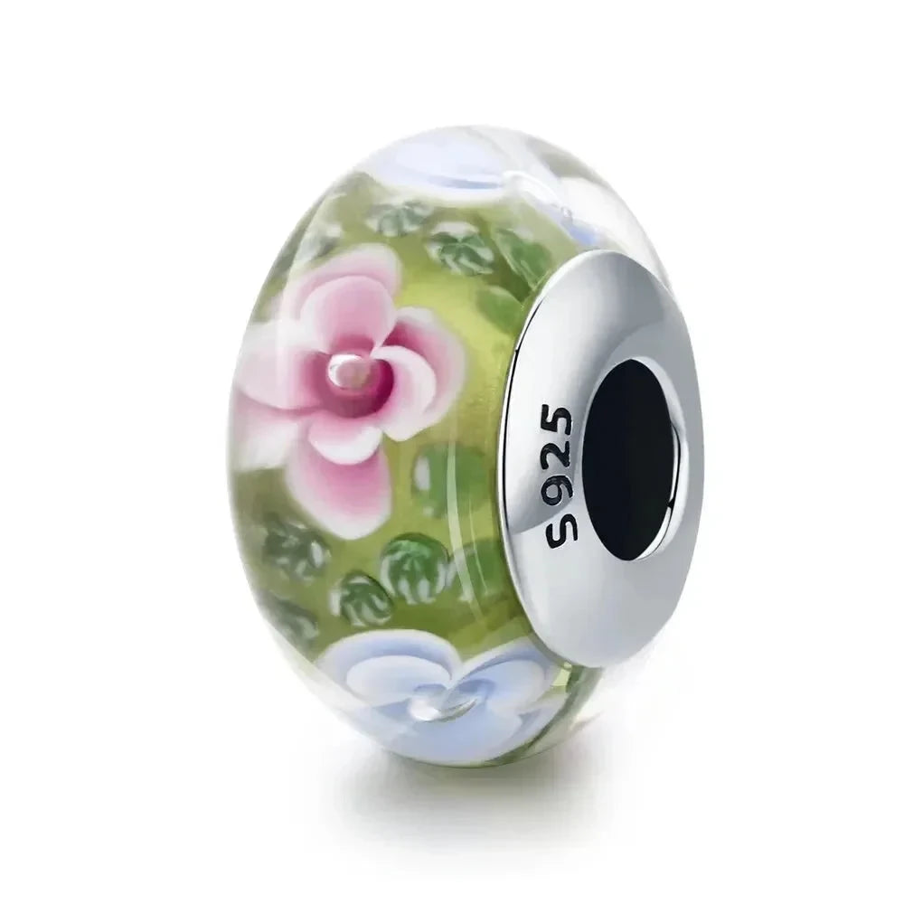 925 Sterling Silver Pink Flower Murano Glass Beads - DIY Bracelet Charms for a Festive Touch (SCZ001) - Scz073 - Bead