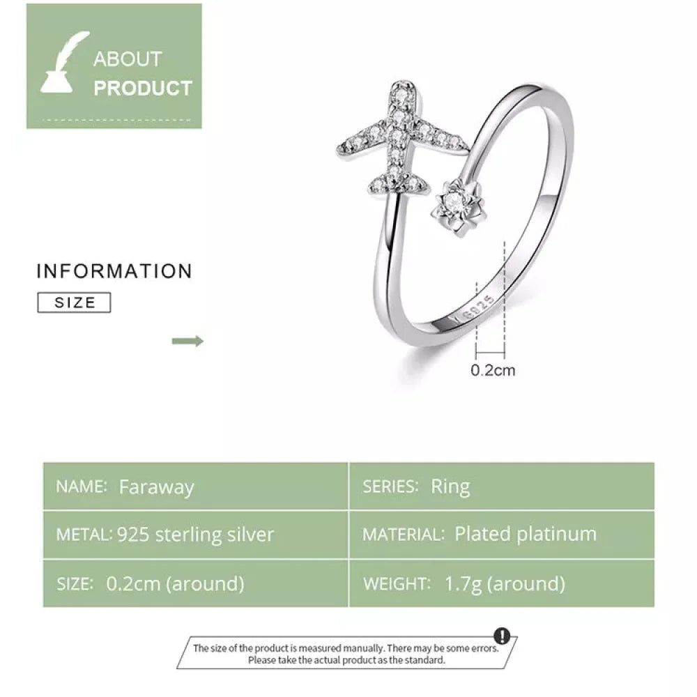 Genuine 925 Sterling Silver Flying Plane Open Adjustable Ring with Clear CZ - Fine jewellery - Rings