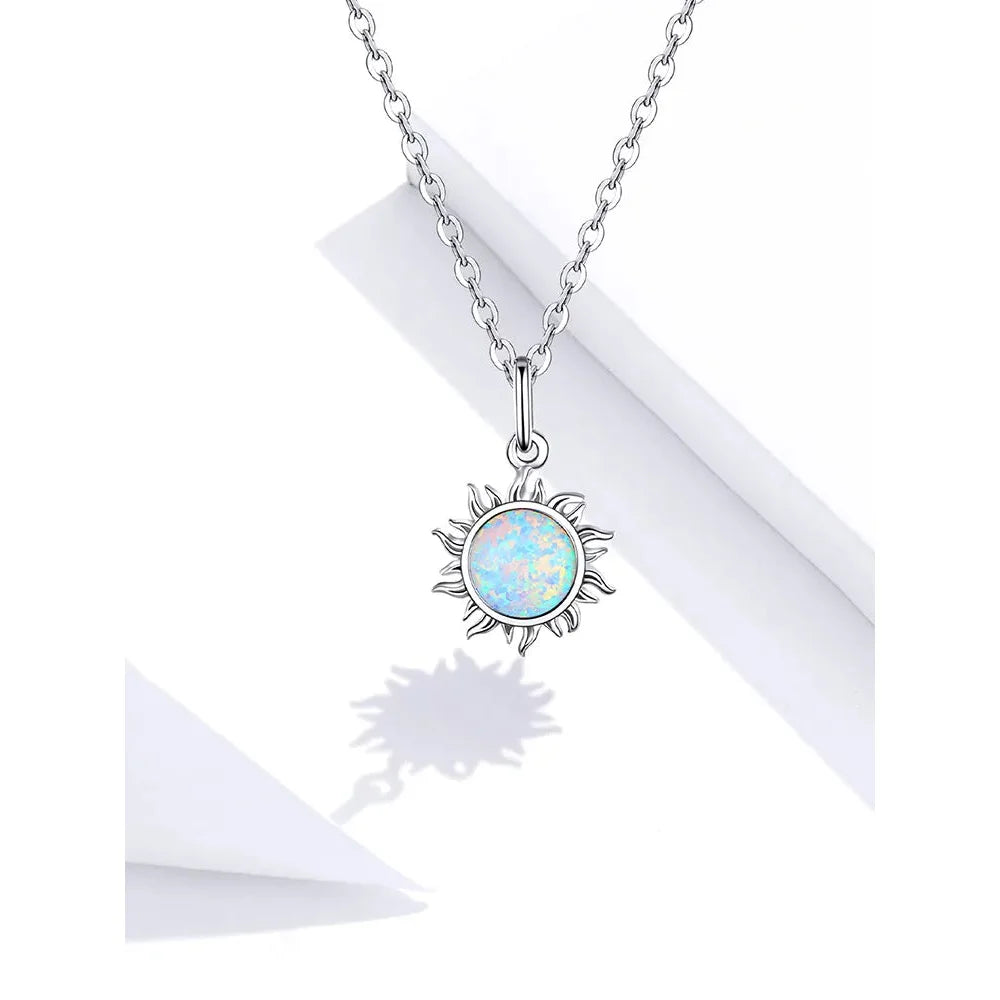 925 Sterling Silver White Opal Sun Pendant Necklace - Apollo Chain for Women - Necklaces
