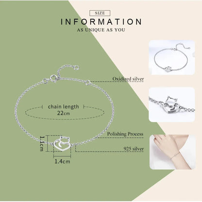 925 Sterling Silver Cat & Heart Link Chain Bracelets | Authentic jewellery Gift in 3 Colors