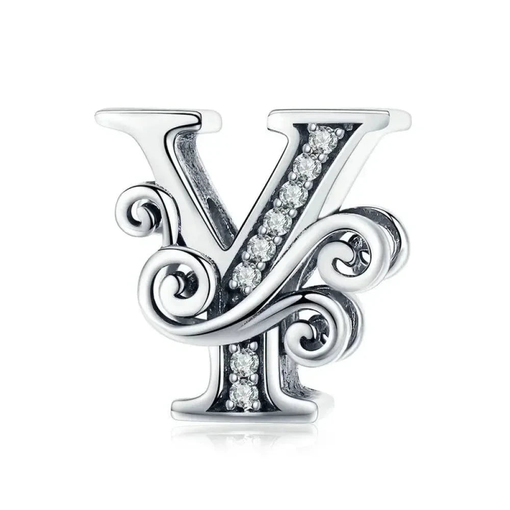 Chic 925 Sterling Silver CZ Alphabet Beads for Charm Bracelet - Vintage A to Z Letter Charms (BSC030) - Y