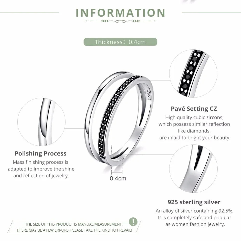Breathtaking 925 Sterling Silver Double Circle Black Clear CZ Stackable Ring - Rings