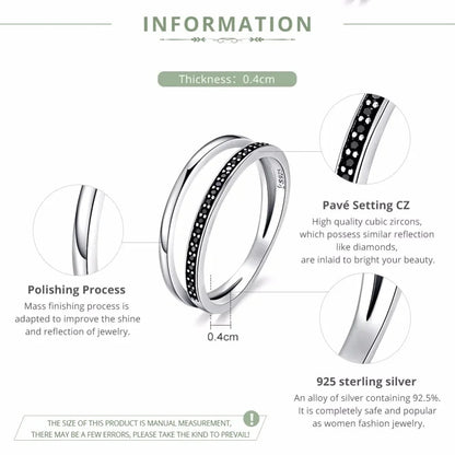 Breathtaking 925 Sterling Silver Double Circle Black Clear CZ Stackable Ring - Rings