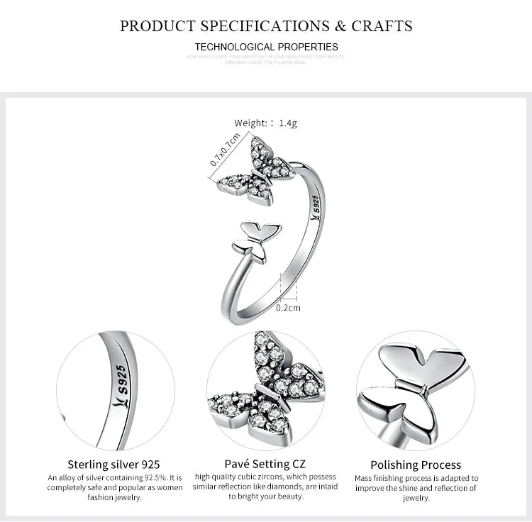Dazzling Butterfly Sterling Silver Open Ring: A Symbol of Freedom - Rings