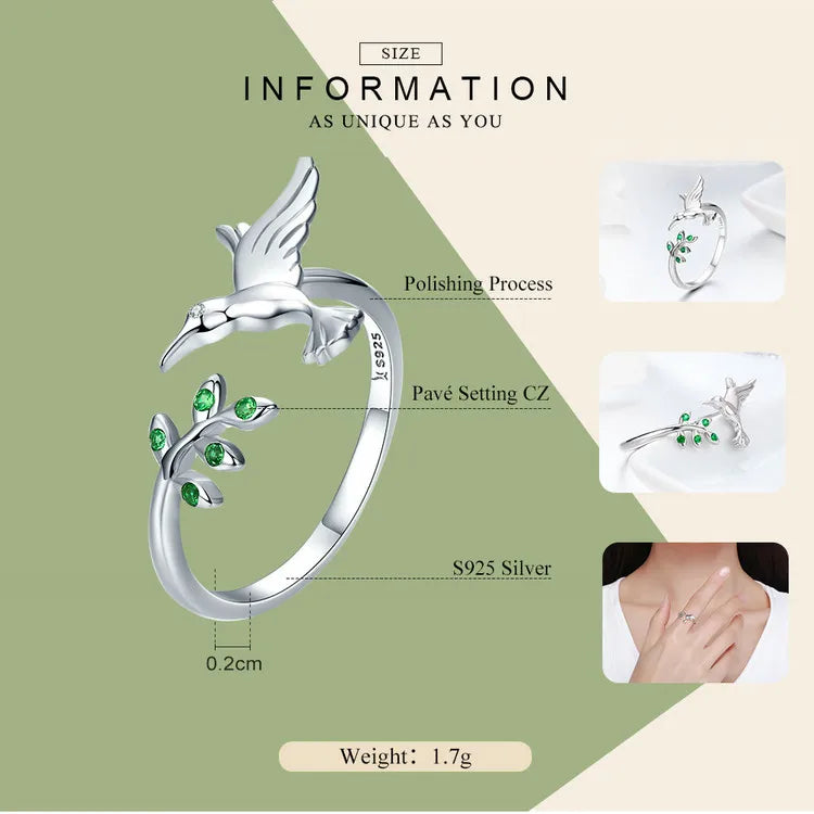 Springtime Elegance: Sterling Silver Tree Leaves & Bird Open Ring - Rings
