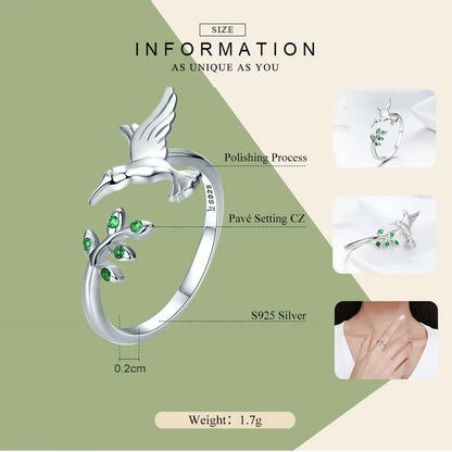 Springtime Elegance: Sterling Silver Tree Leaves & Bird Open Ring - Rings