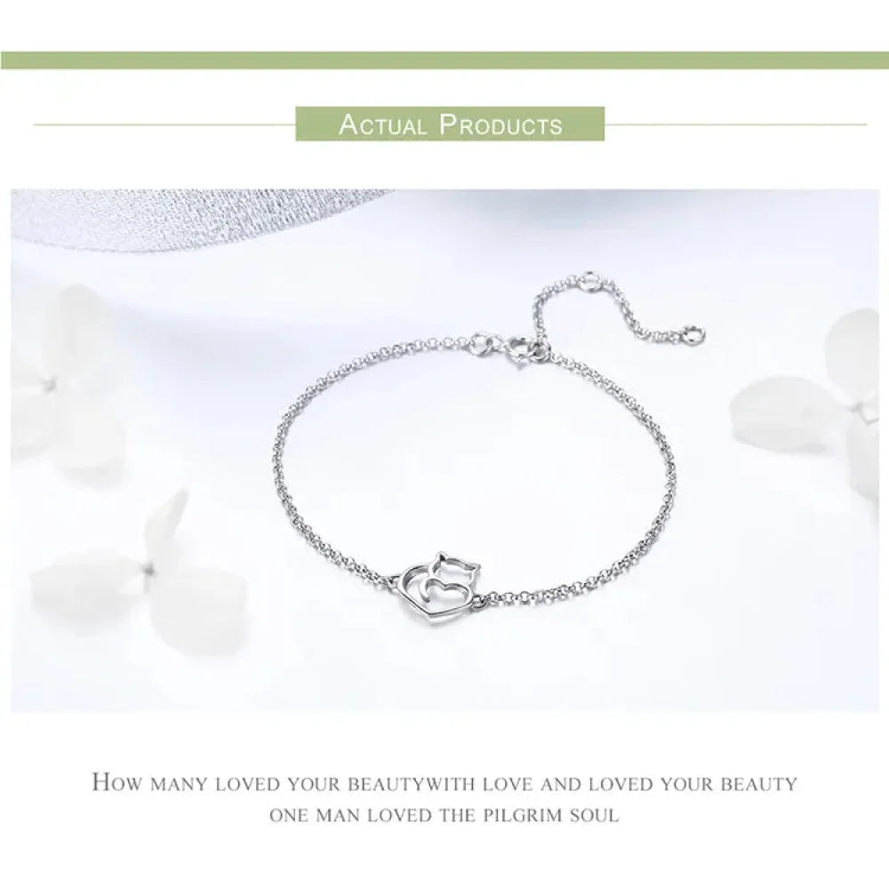 925 Sterling Silver Cat & Heart Link Chain Bracelets | Authentic jewellery Gift in 3 Colors