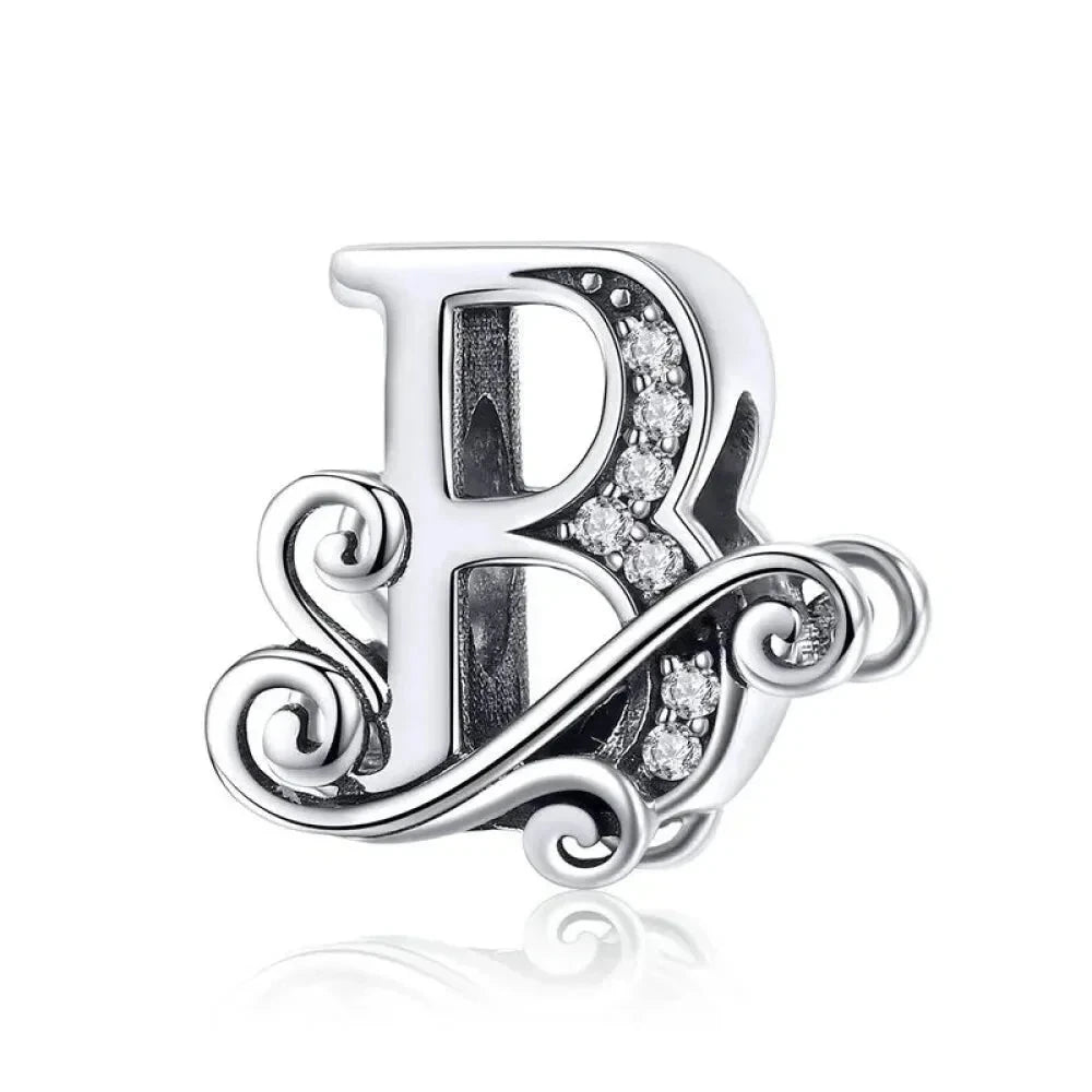 Chic 925 Sterling Silver CZ Alphabet Beads for Charm Bracelet - Vintage A to Z Letter Charms (BSC030) - B