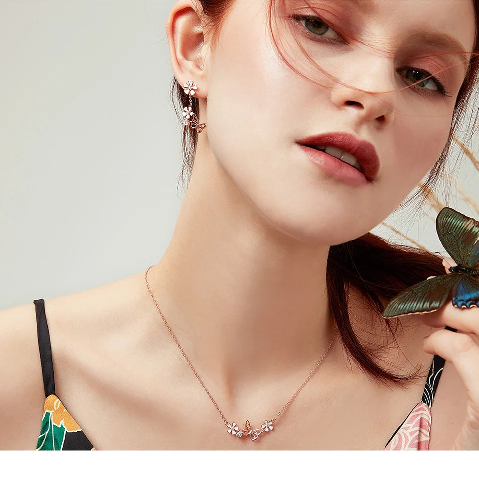 Delicate Beauty: Korean Style 925 Sterling Silver Butterfly and Flower Choker Necklace - Necklaces