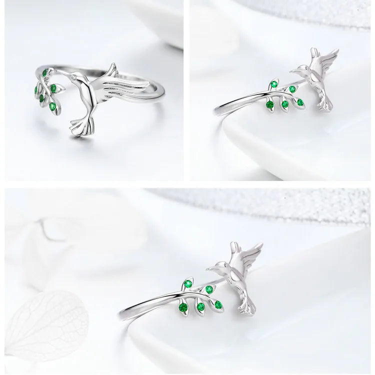 Springtime Elegance: Sterling Silver Tree Leaves & Bird Open Ring - Rings